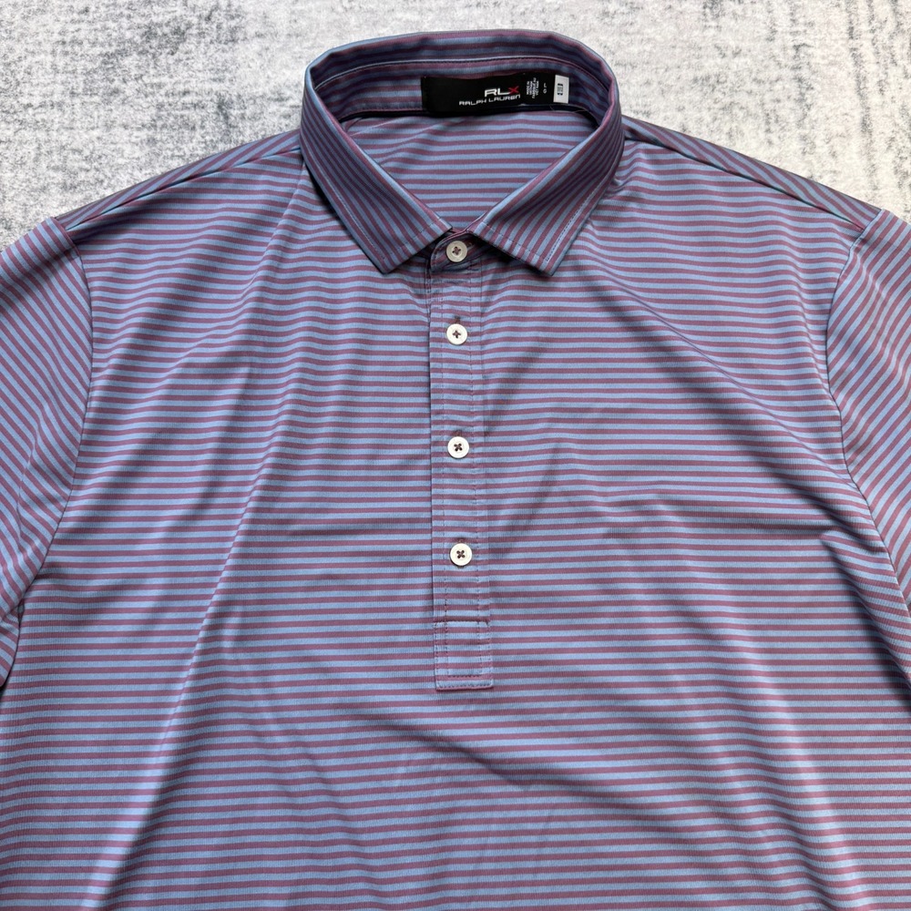 RLX Ralph Lauren Polo Shirt Mens Large Blue Purple Striped Golf Wicking Travel